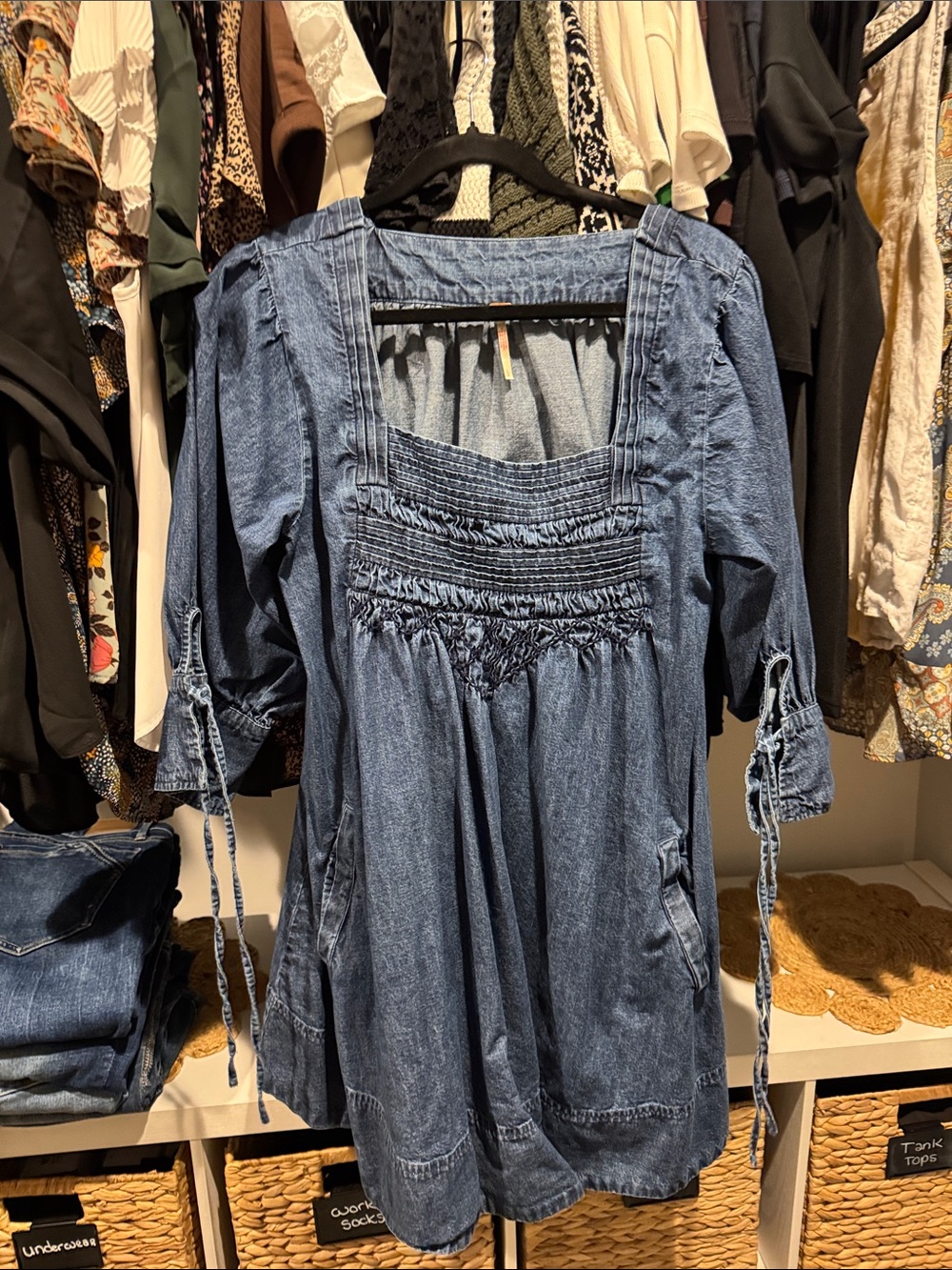 Free People Denim Smocked Tunic  Dress - Blue